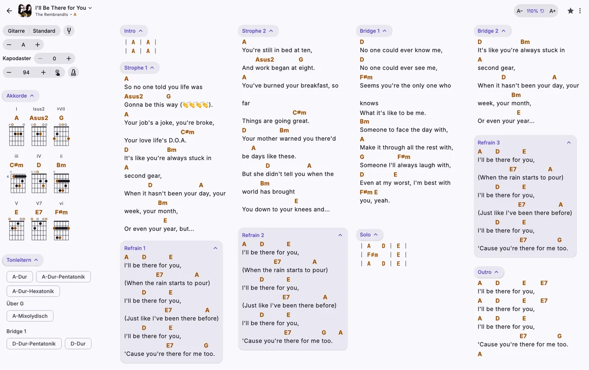 Derselbe Song mit Text auf 110 %, in vier Spalten.