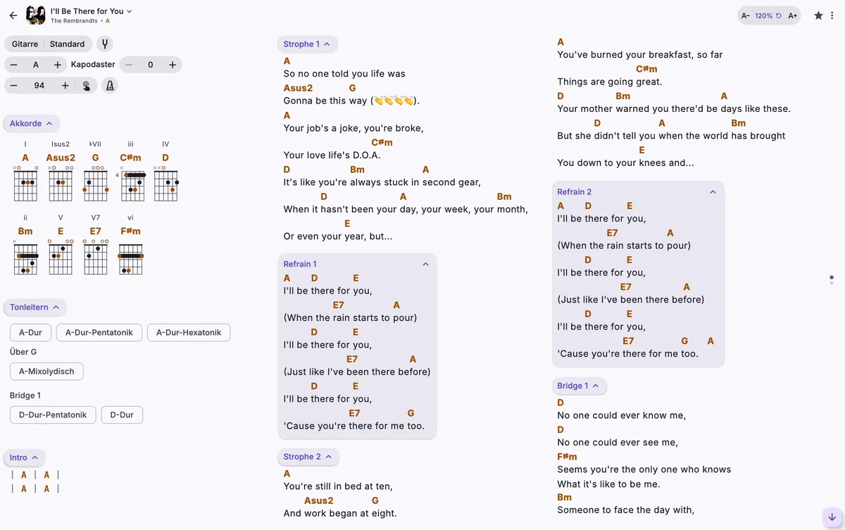 Derselbe Song mit Text auf 120 %, in drei Spalten.