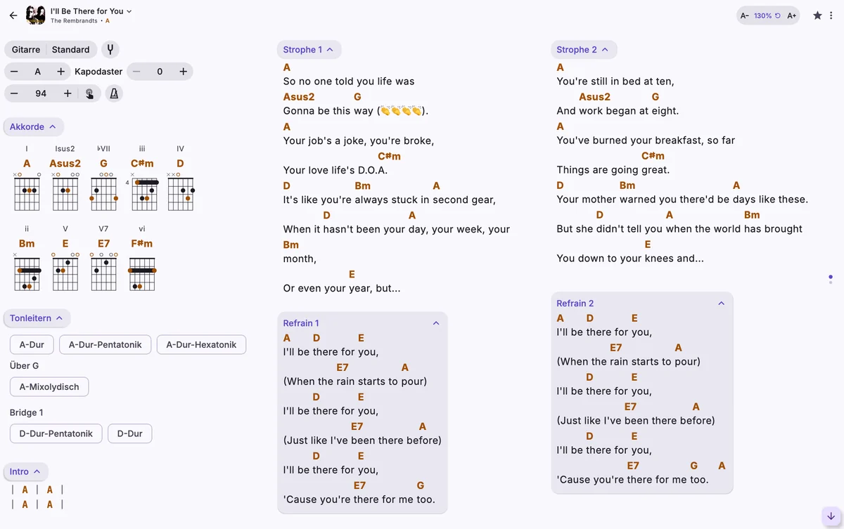 Derselbe Song mit Text auf 130 %, in drei Spalten.