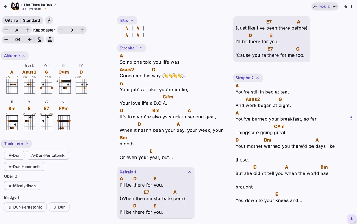 Derselbe Song mit Text auf 140 %, in drei Spalten.