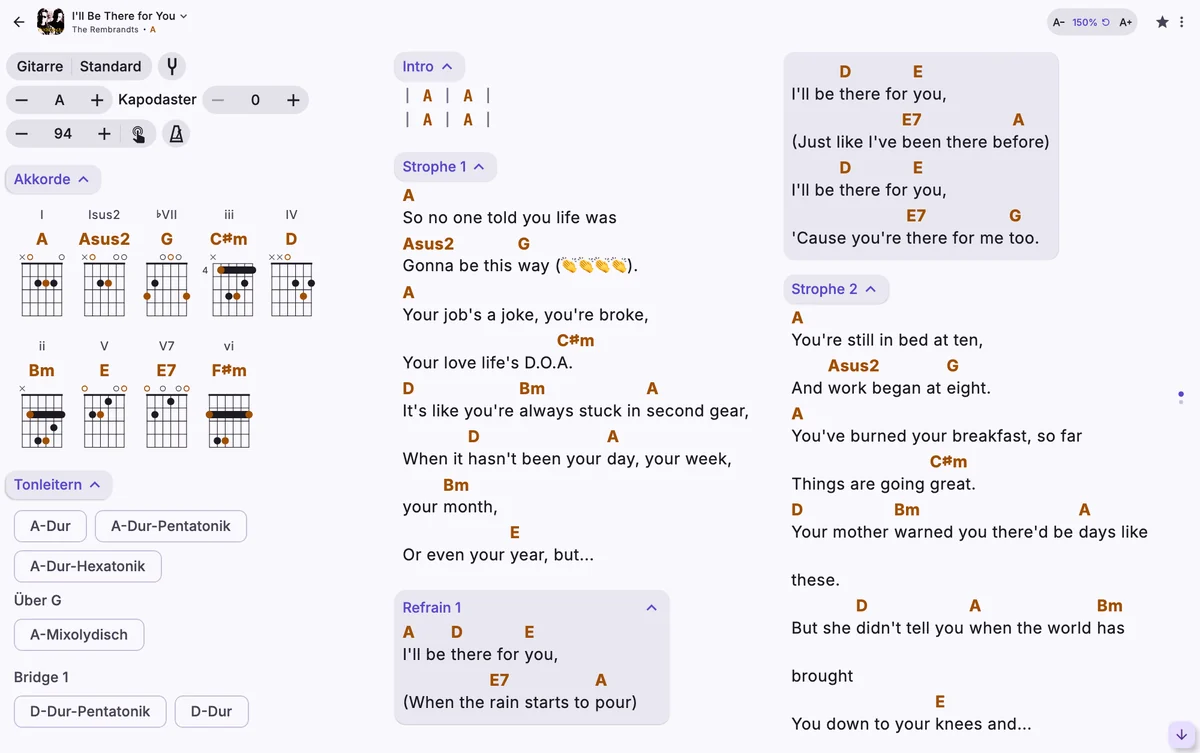Derselbe Song mit Text auf 150 %, in drei Spalten.