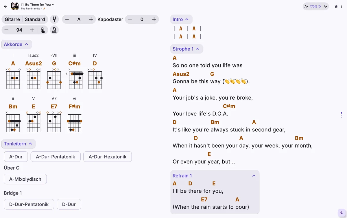 Derselbe Song mit Text auf 170 %, in drei Spalten.