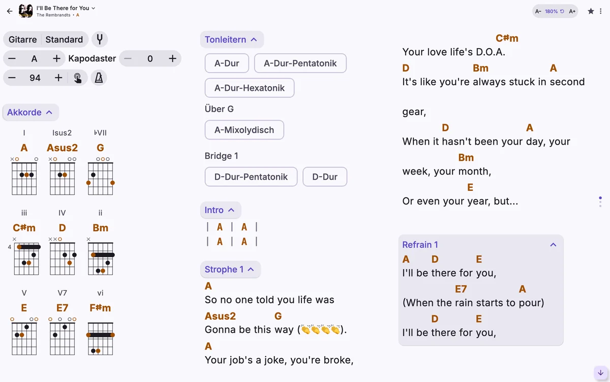 Derselbe Song mit Text auf 180 %, in drei Spalten.