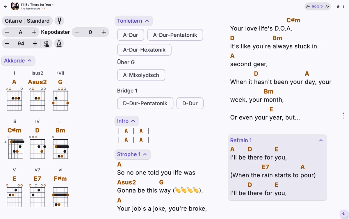 Derselbe Song mit Text auf 190 %, in drei Spalten.