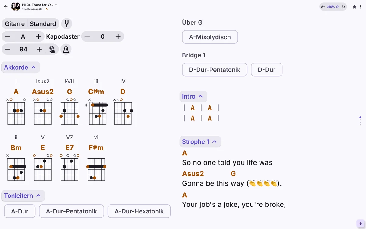 Derselbe Song mit Text auf 210 %, in zwei Spalten.