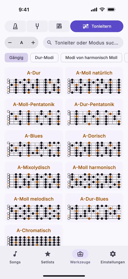 Der Tab „Tonleitern“ auf einem iPhone mit den gängigen Tonleitern von A auf einer Gitarre.