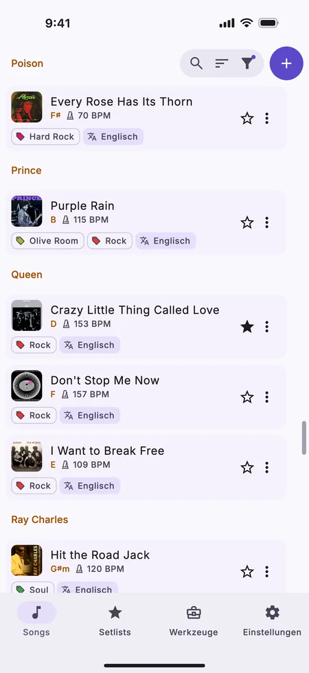 Die Songliste auf einem iPhone, nach Interpret gruppiert, mit Tags an jedem Song.