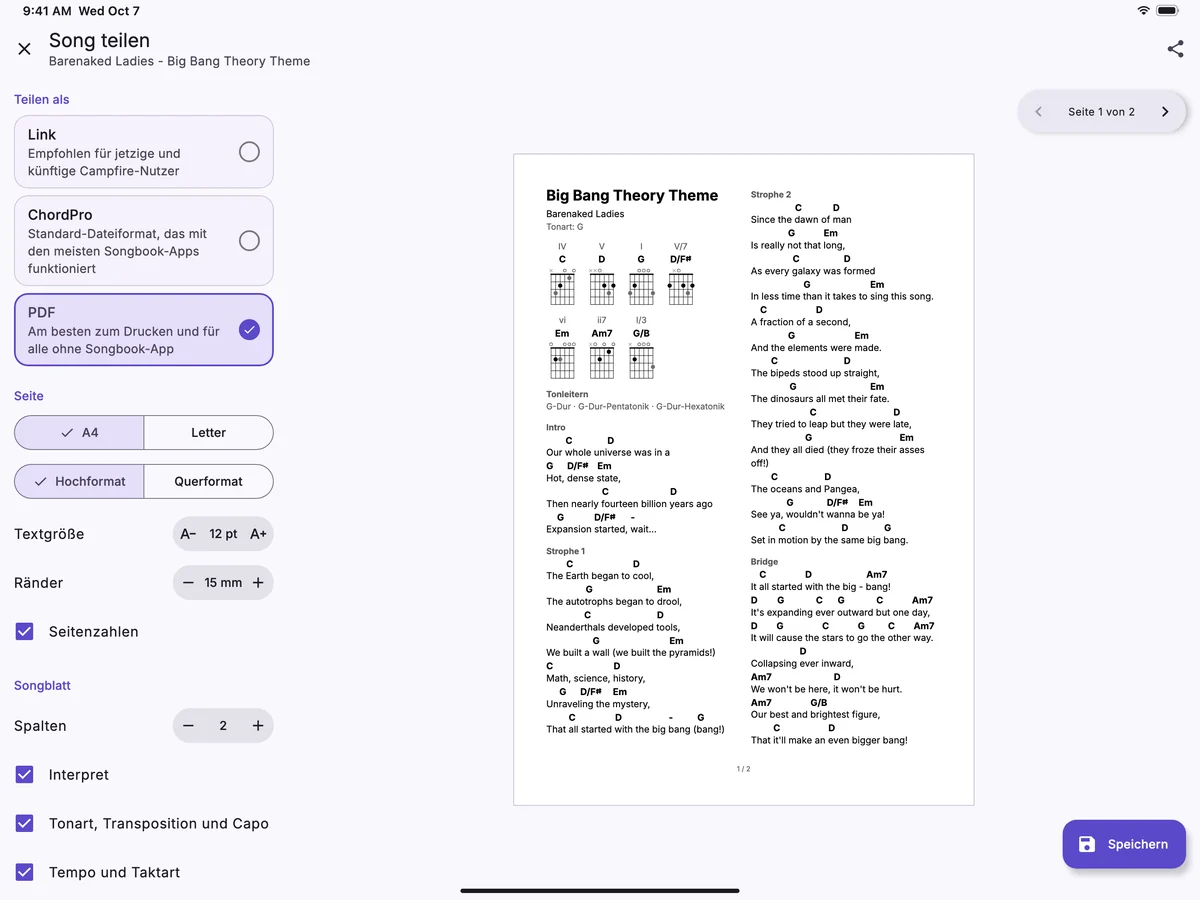 Ein als PDF geteilter Song auf einem iPad, die Seitenvorschau neben den Optionen.