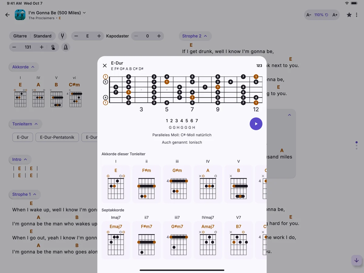 I'm Gonna Be (500 Miles) auf einem iPad, der Abschnitt „Tonleitern“ unter den Akkorden, mit der E-Dur-Tonleiter auf einem Gitarrenhals über dem Song.