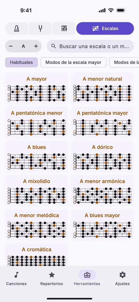 La pestaña Escalas en un iPhone, con las escalas habituales de A en guitarra.