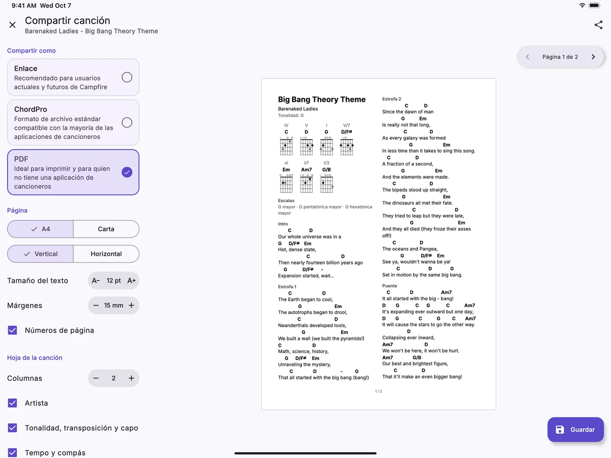 Una canción compartida como PDF en un iPad, con la vista previa de su página junto a las opciones.