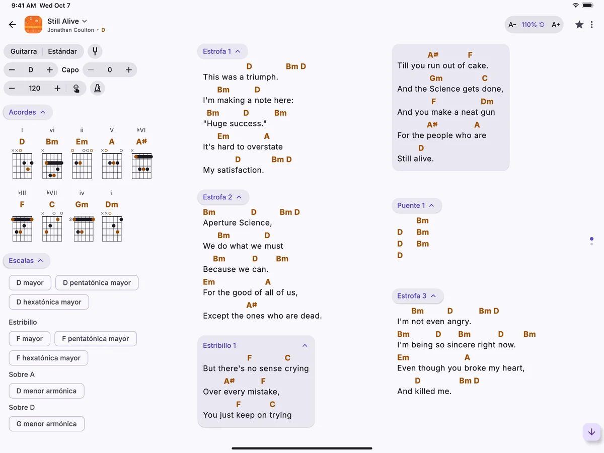 Una canción en un iPad, con sus diagramas de acordes y sus estrofas en columnas.
