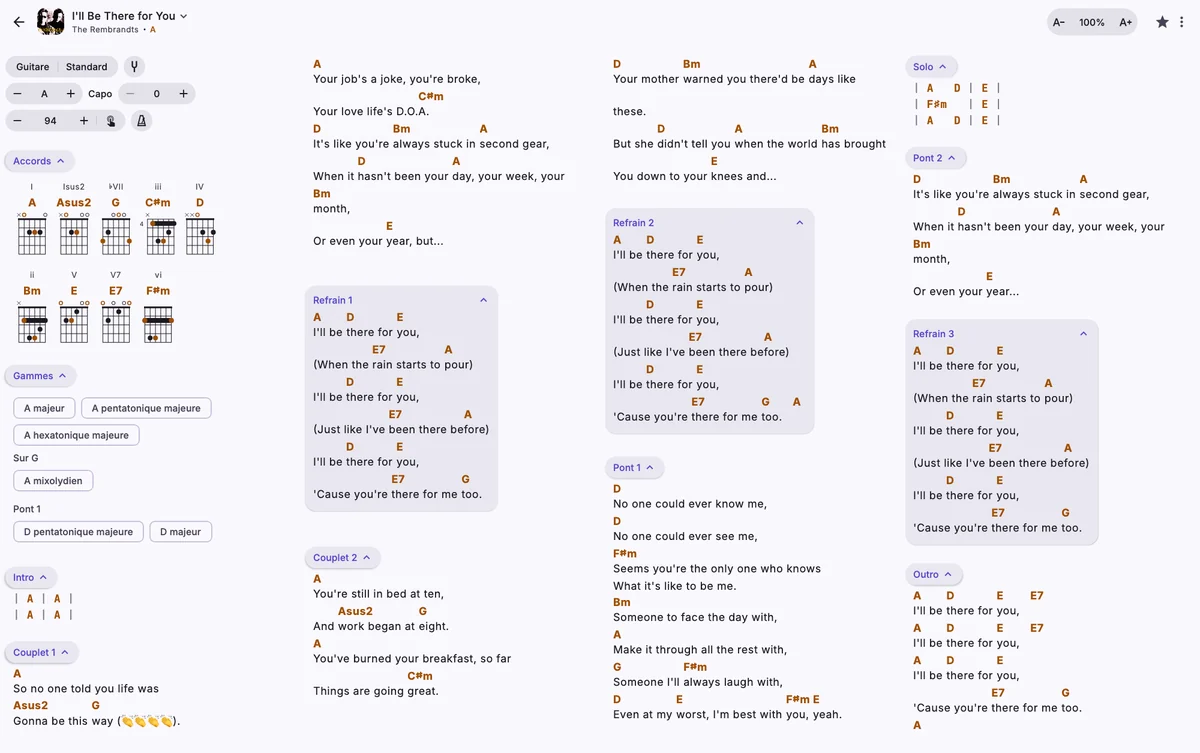 Une chanson sur un MacBook avec la taille de texte par défaut, sur quatre colonnes sous les diagrammes de ses accords.