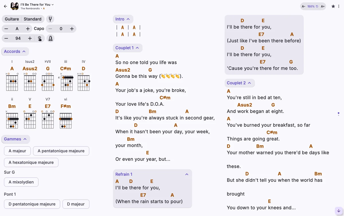 La même chanson avec le texte à 150 %, sur trois colonnes.