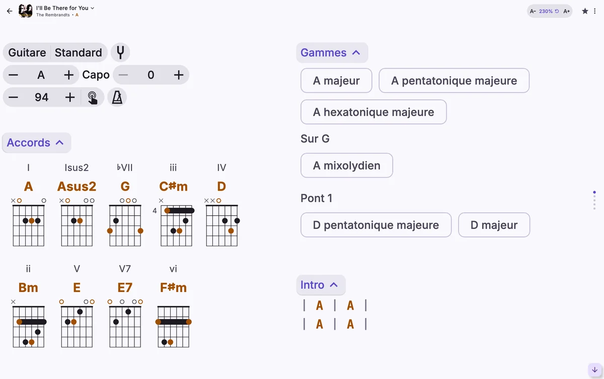 La même chanson avec le texte à 230 %, sur deux colonnes.