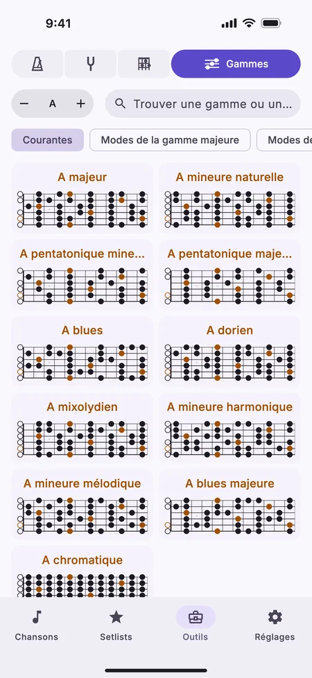 L’onglet Gammes sur un iPhone, avec les gammes courantes de A à la guitare.