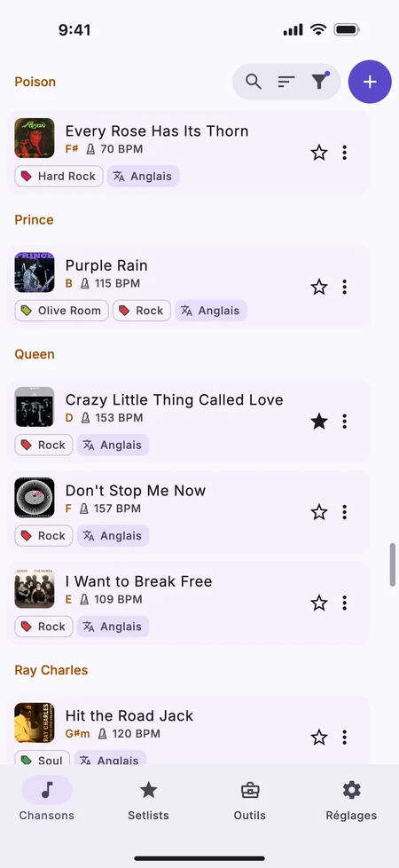 La liste des chansons sur un iPhone, regroupées par artiste, avec des étiquettes sur chaque chanson.