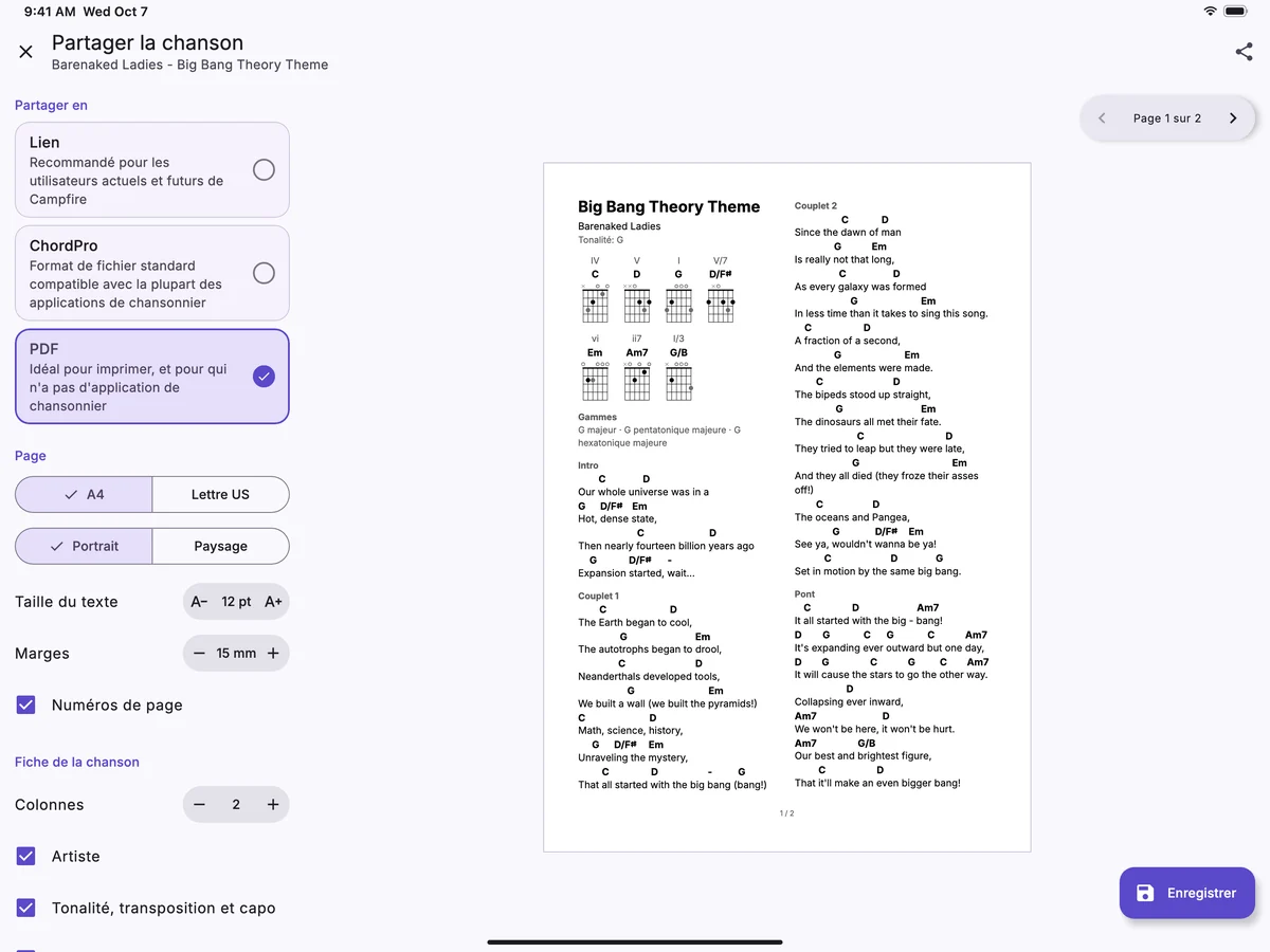 Une chanson partagée en PDF sur un iPad, avec l’aperçu de sa page à côté des options.