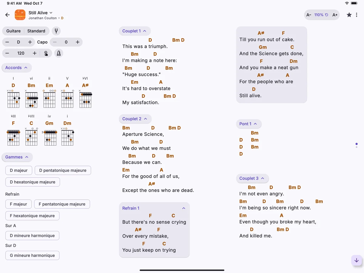 Une chanson sur un iPad, avec ses diagrammes d’accords et ses couplets en colonnes.