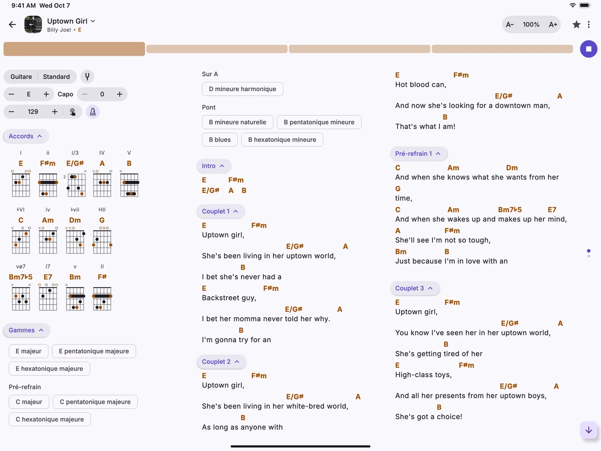 Une chanson sur un iPad avec le panneau du métronome ouvert sous son titre.