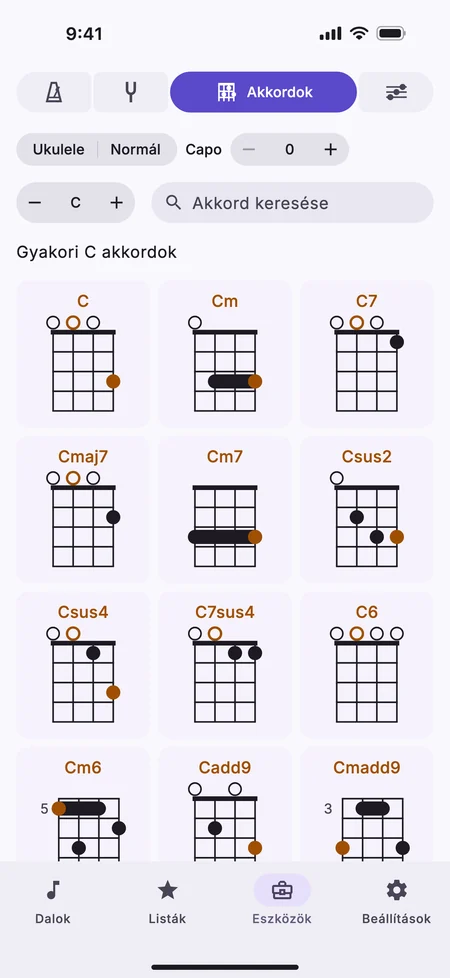 Az Akkordok fül iPhone-on, a C akkordjaival ukulelén.