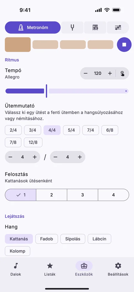 A Metronóm fül iPhone-on, a tempóval, az ütem ütéseivel és a beállításaival.