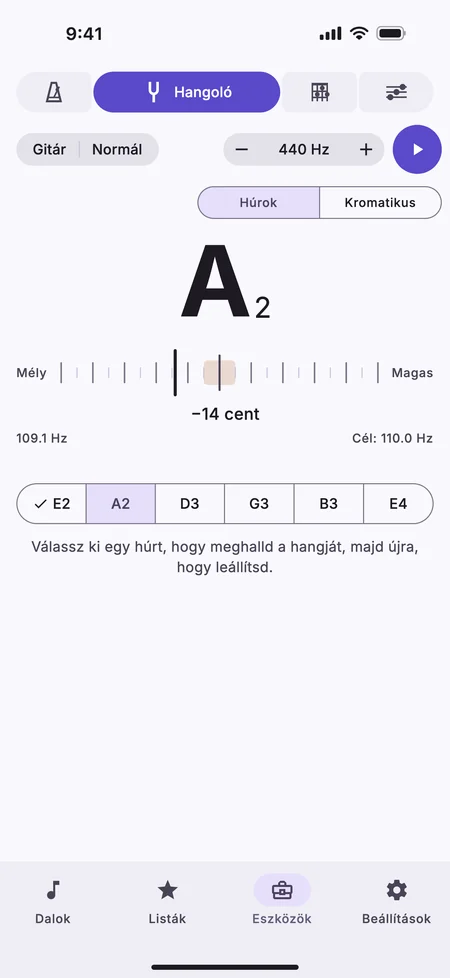 A Hangoló fül iPhone-on: a gitár A húrja 14 centtel mély, a mély E húr már tiszta.