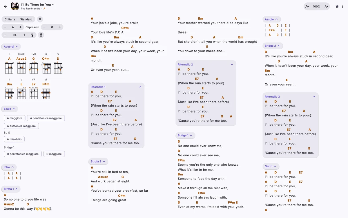 Una canzone su un MacBook con la dimensione del testo predefinita, disposta in quattro colonne sotto i diagrammi dei suoi accordi.