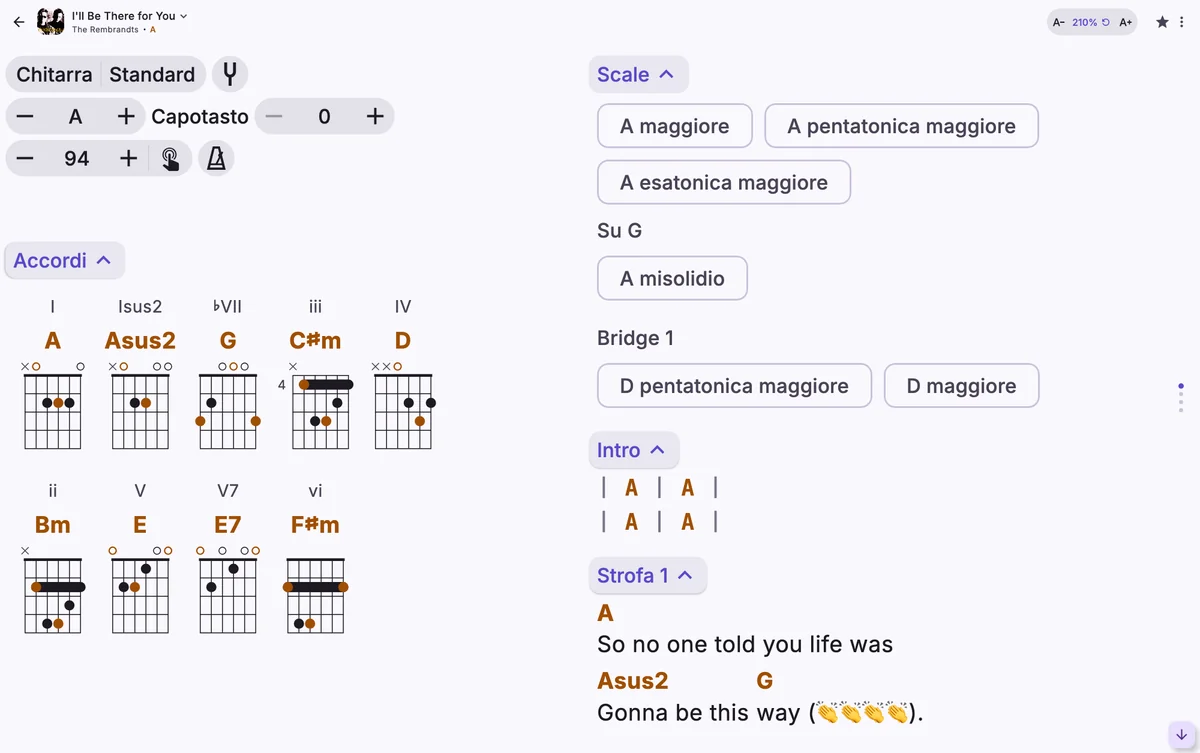 La stessa canzone con il testo al 210%, in due colonne.