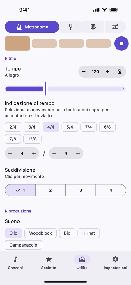 La scheda Metronomo su un iPhone, con il tempo, i movimenti della battuta e le impostazioni.