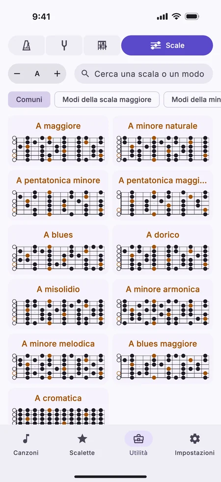 La scheda Scale su un iPhone, con le scale più comuni di A per chitarra.