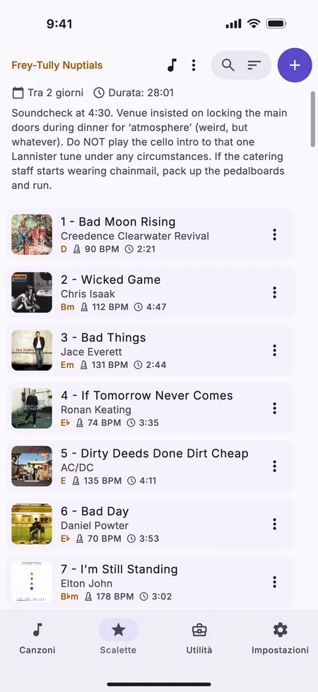 Una scaletta su un iPhone, con la tonalità, il tempo e la durata di ogni canzone, la durata totale e i giorni che mancano al concerto.