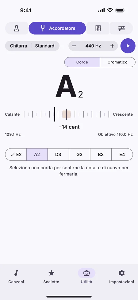 La scheda Accordatore su un iPhone, con la corda A di una chitarra calante di 14 cent e la E grave già accordata.