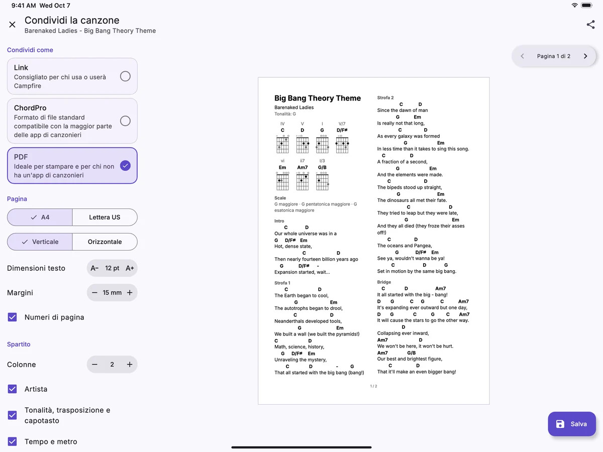 Una canzone condivisa come PDF su un iPad, con l’anteprima della pagina accanto alle opzioni.