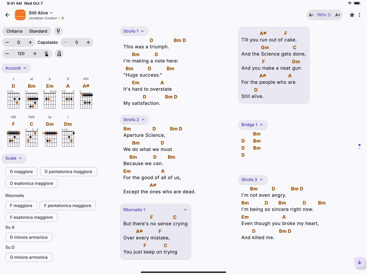 Una canzone su un iPad, con i diagrammi degli accordi e le strofe in colonne.