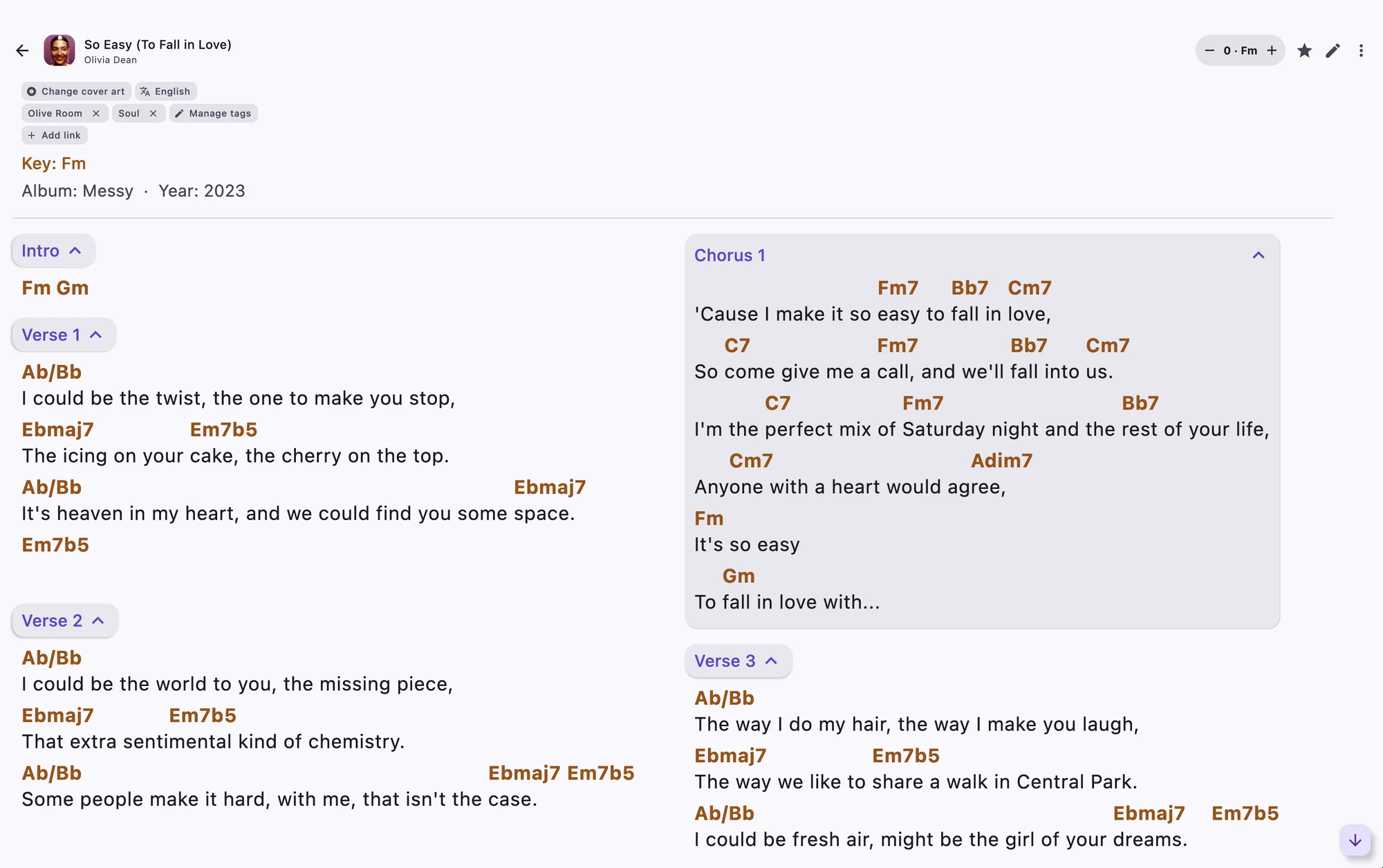A song laid out in two columns on a MacBook, with its chorus highlighted.
