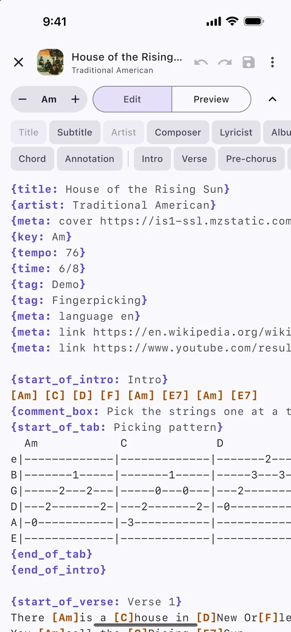 The song editor, with shortcut buttons above the text.