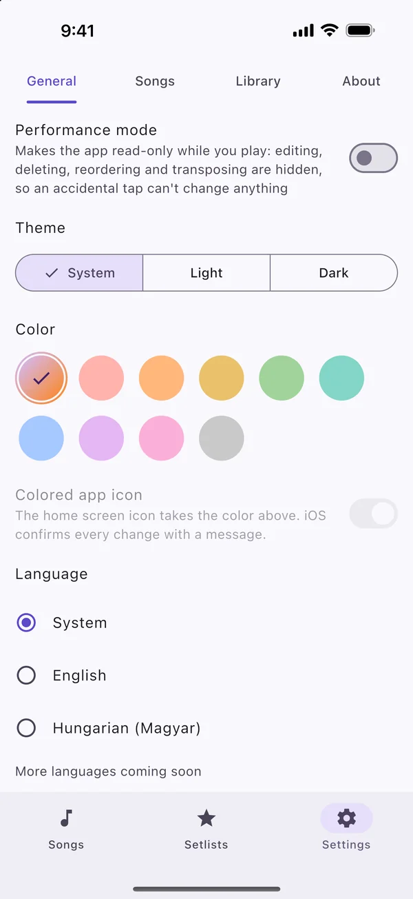 The settings, with performance mode at the top.