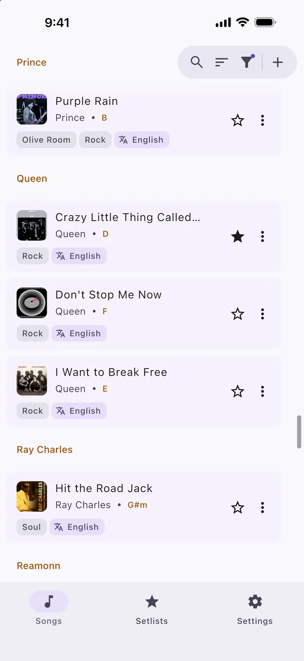 The song list on an iPhone, grouped by artist, with tags on every song.