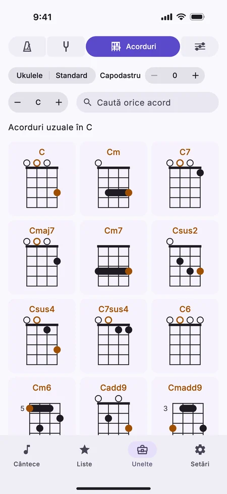 Fila Acorduri pe un iPhone, cu acordurile din C pe ukulele.