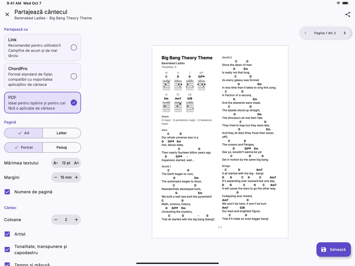 Un cântec partajat ca PDF pe un iPad, cu pagina previzualizată lângă opțiuni.
